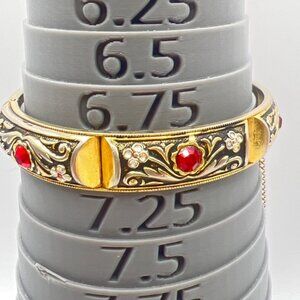 Vintage Spanish Damascene Bracelet Hinged Bangle Rhinestones Enamel Safety Chain